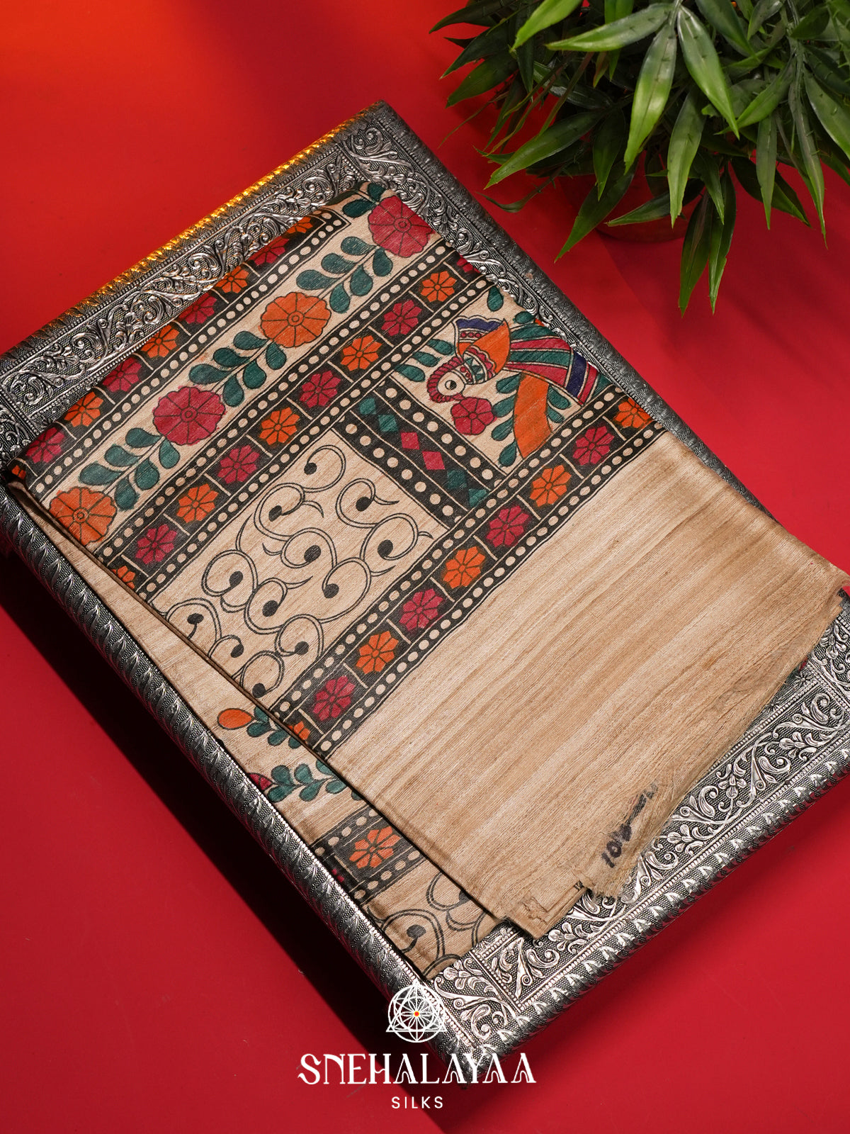 Beige Madhubani Tussar Saree