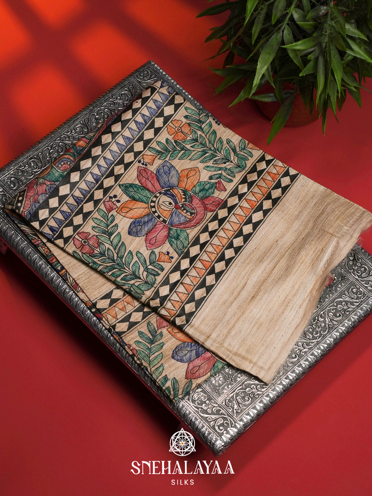 Beige HandPrinted Madhubani Tussar Silk Saree