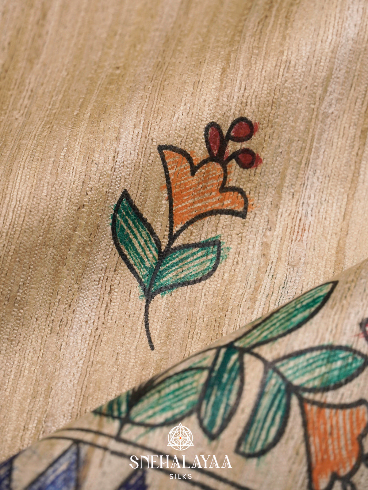 Beige HandPrinted Madhubani Tussar Silk Saree
