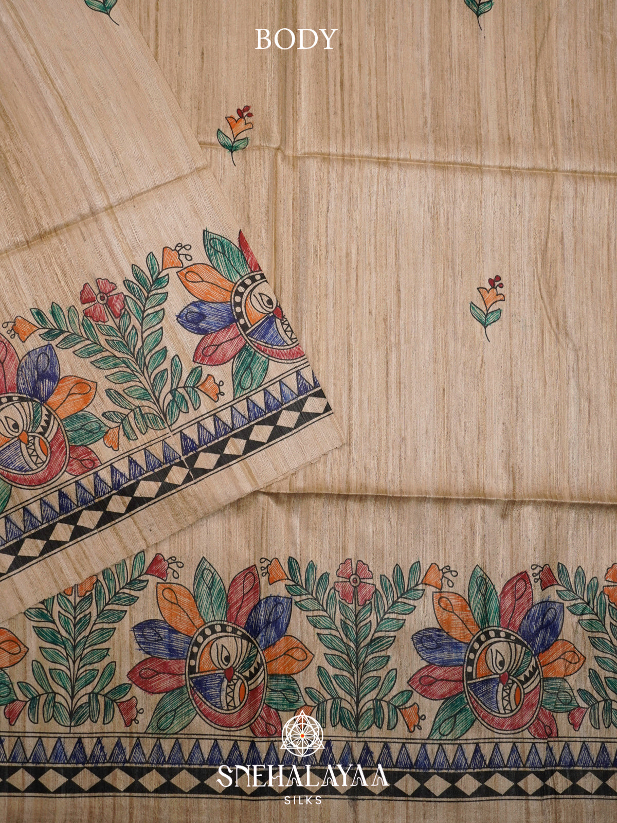 Beige HandPrinted Madhubani Tussar Silk Saree