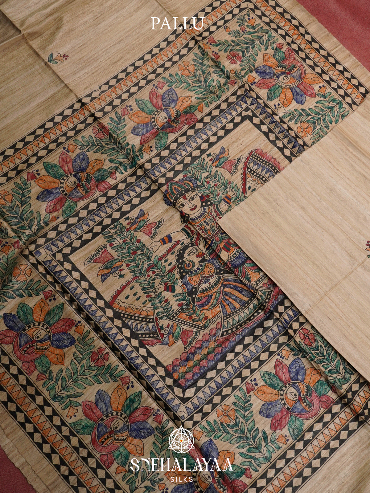 Beige HandPrinted Madhubani Tussar Silk Saree