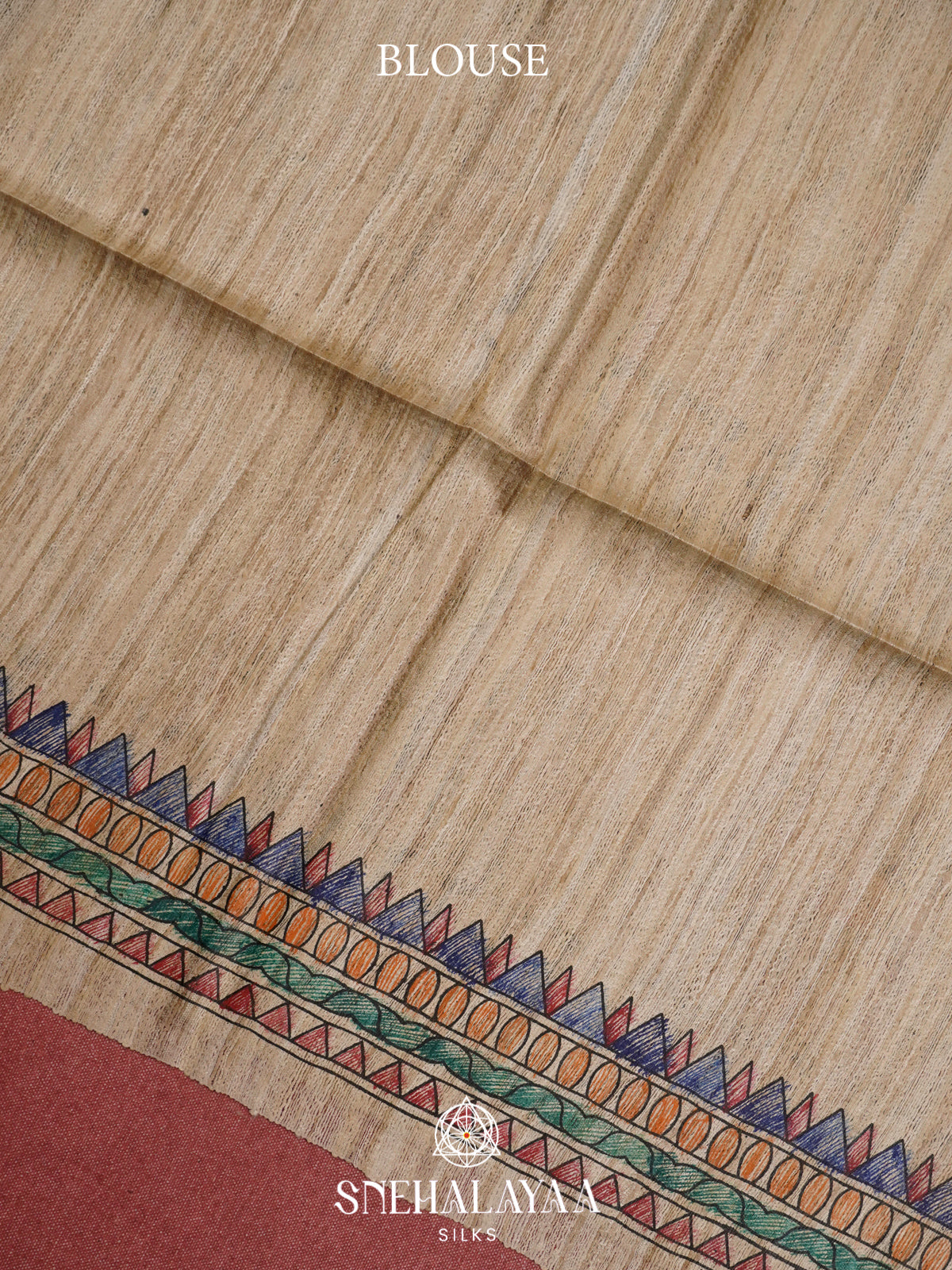 Beige HandPrinted Madhubani Tussar Silk Saree
