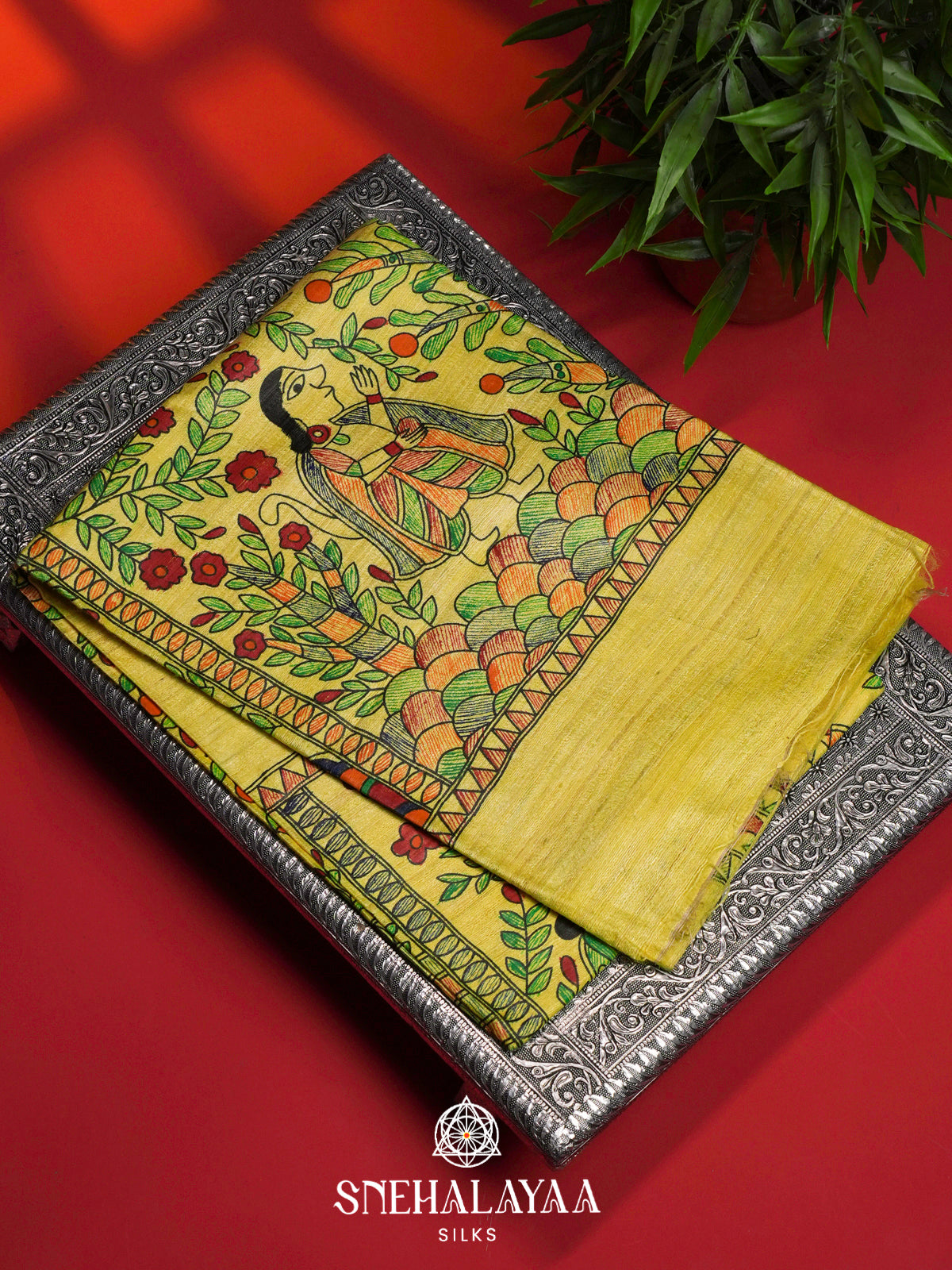 Lime Green HandPrinted Madhubani Tussar Silk Saree