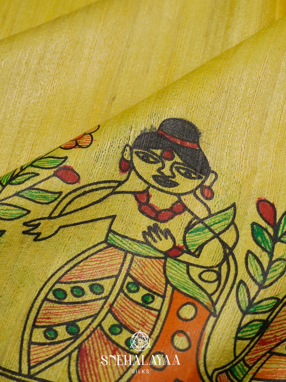 Lime Green HandPrinted Madhubani Tussar Silk Saree