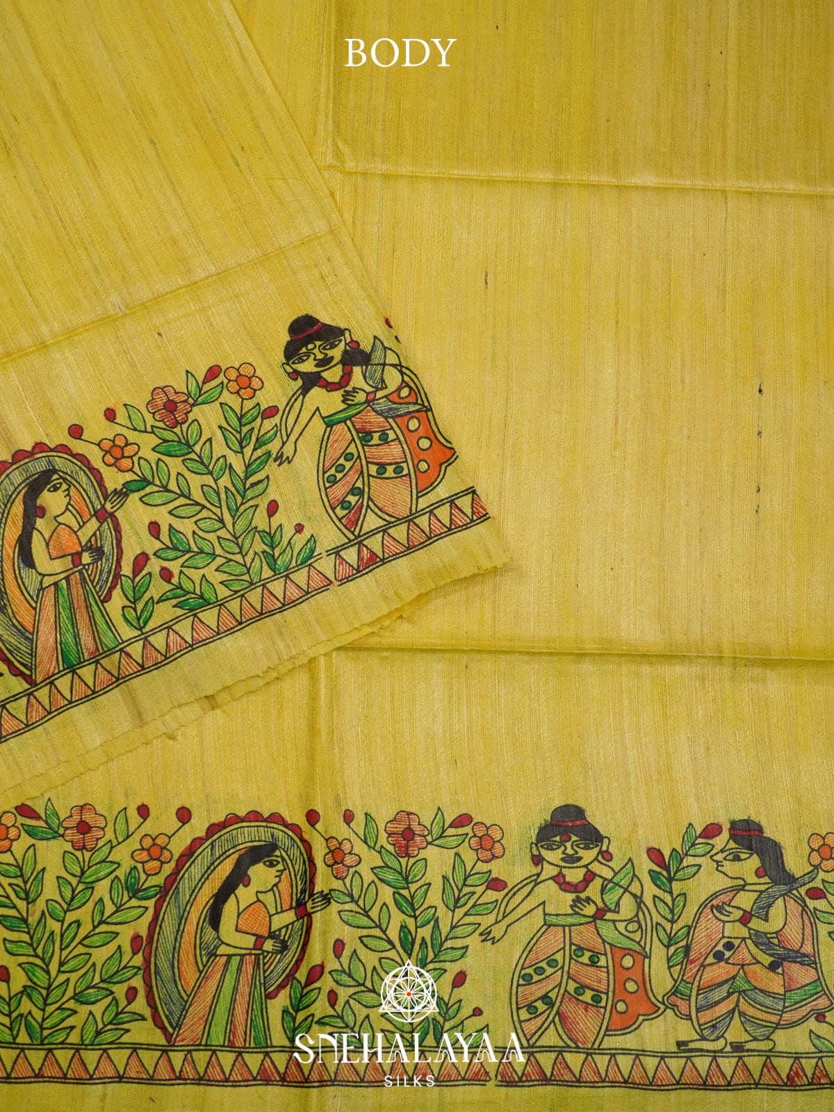 Lime Green HandPrinted Madhubani Tussar Silk Saree