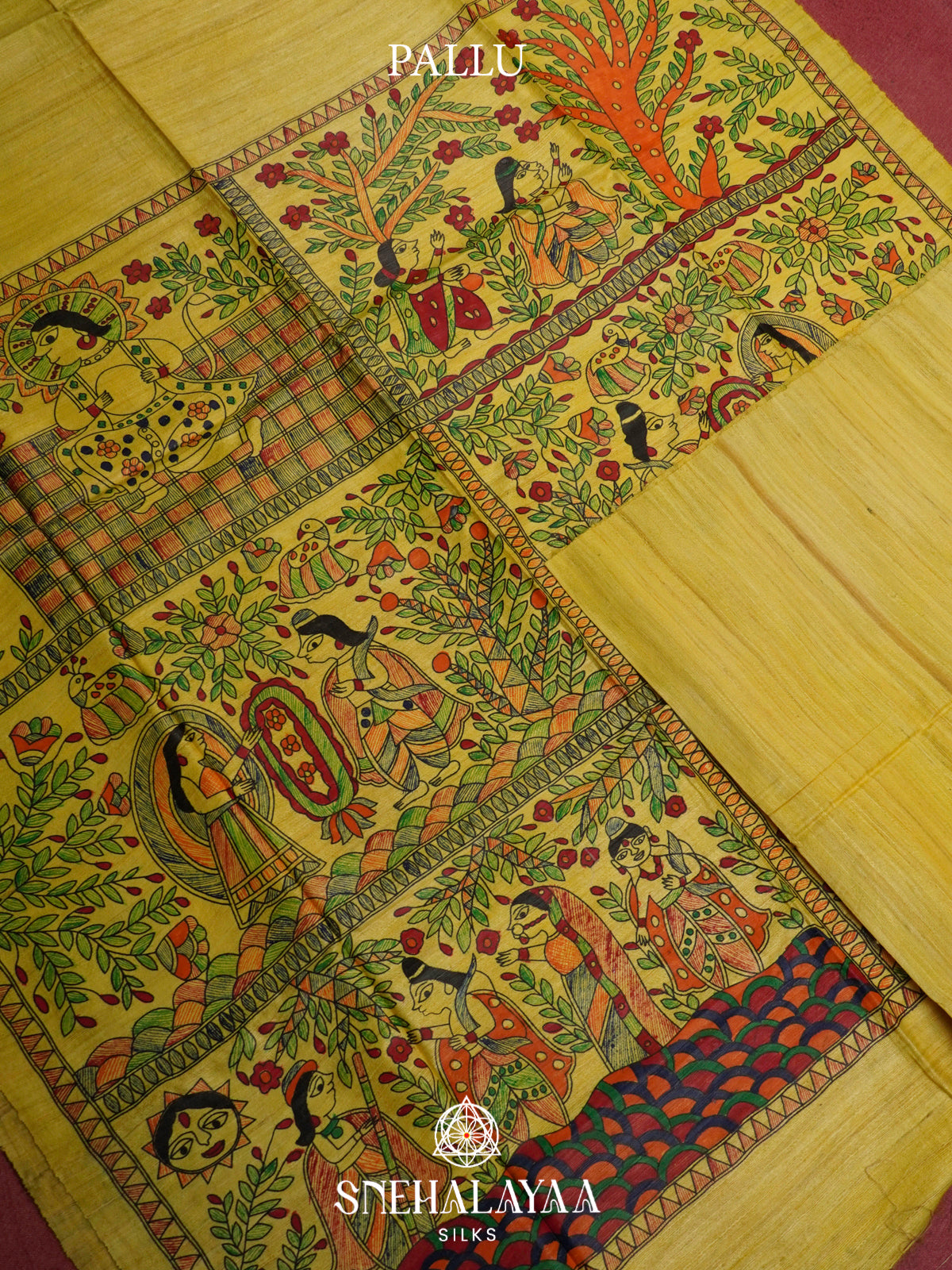 Lime Green HandPrinted Madhubani Tussar Silk Saree