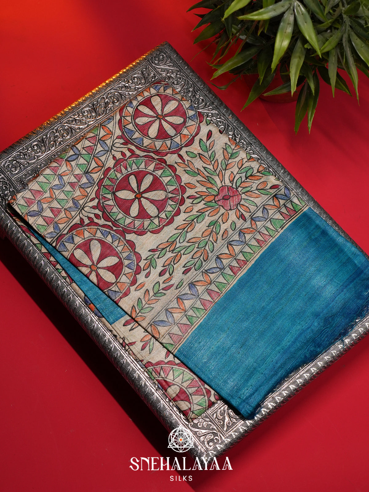 Aqua Blue Madhubani Tussar Saree