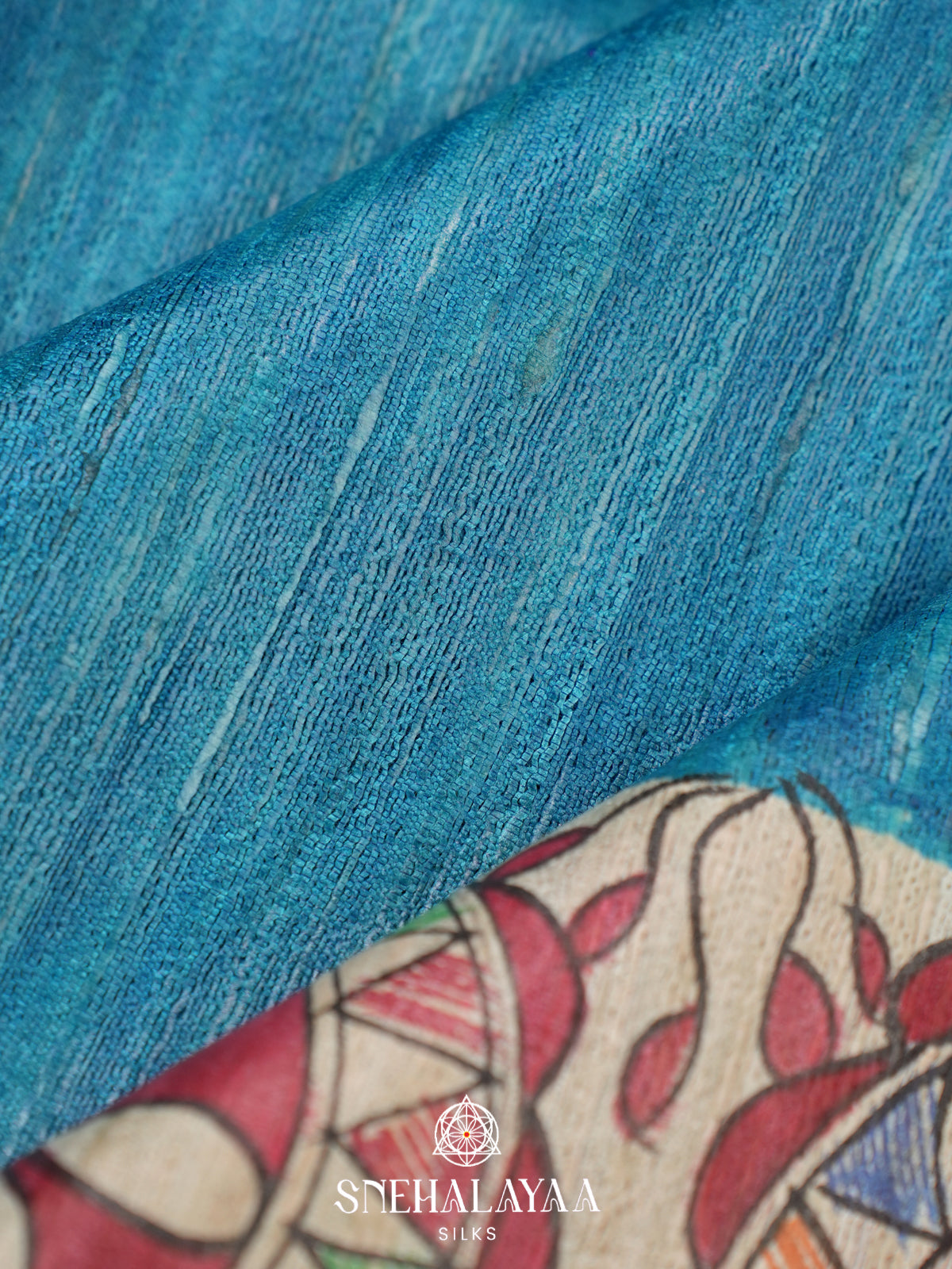Aqua Blue Madhubani Tussar Saree