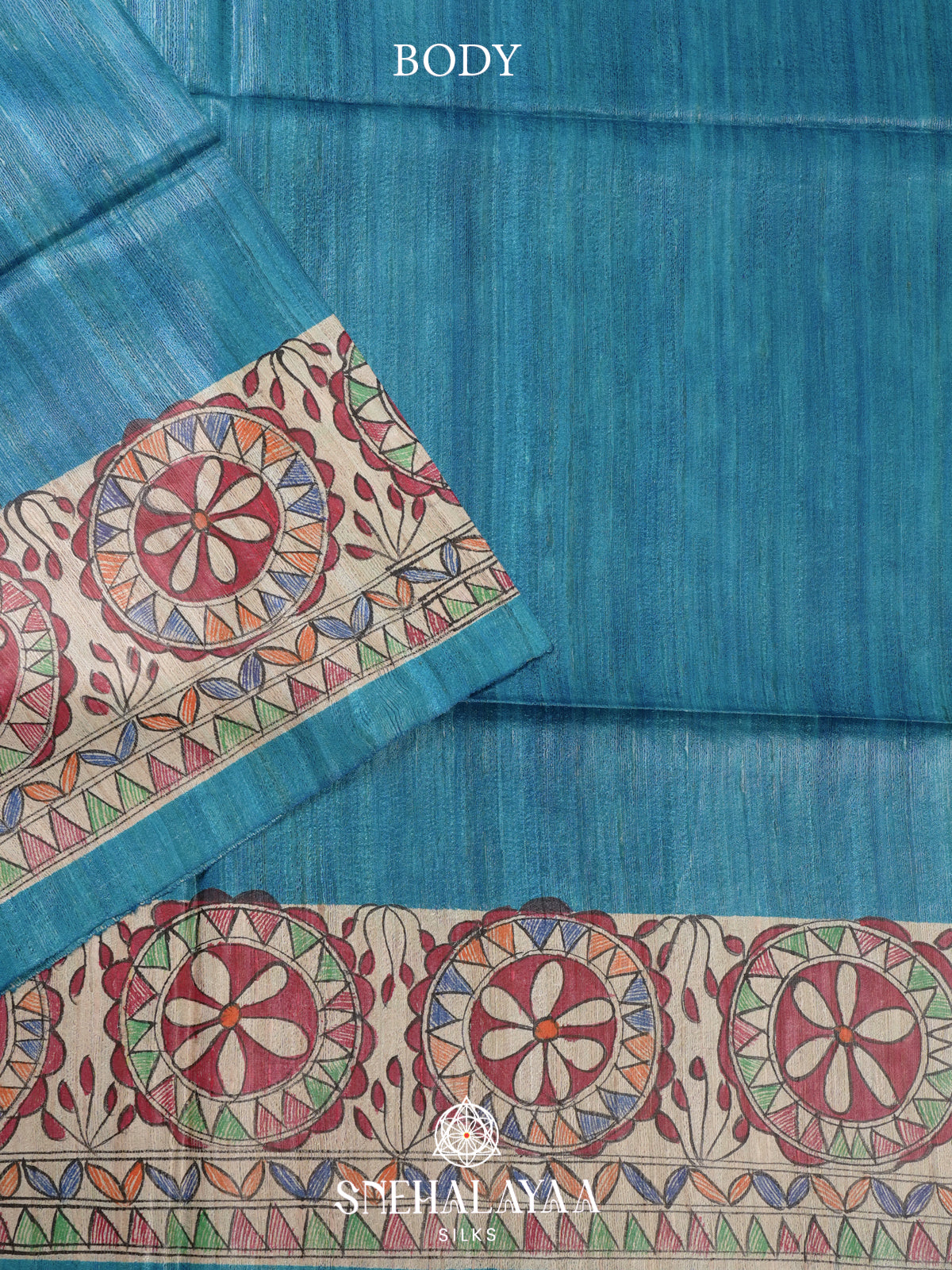 Aqua Blue Madhubani Tussar Saree