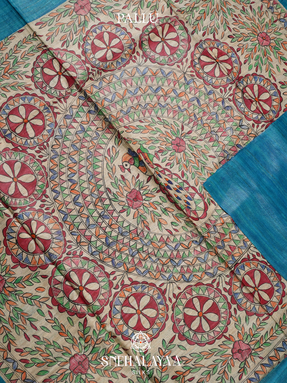 Aqua Blue Madhubani Tussar Saree