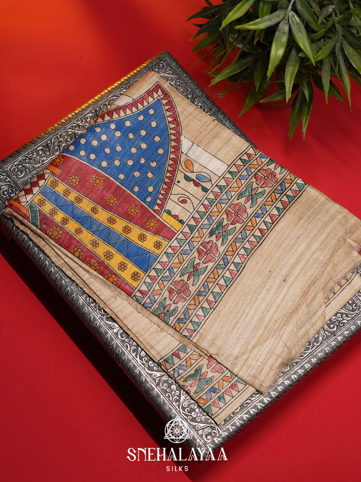 Beige Madhubani Tussar Saree