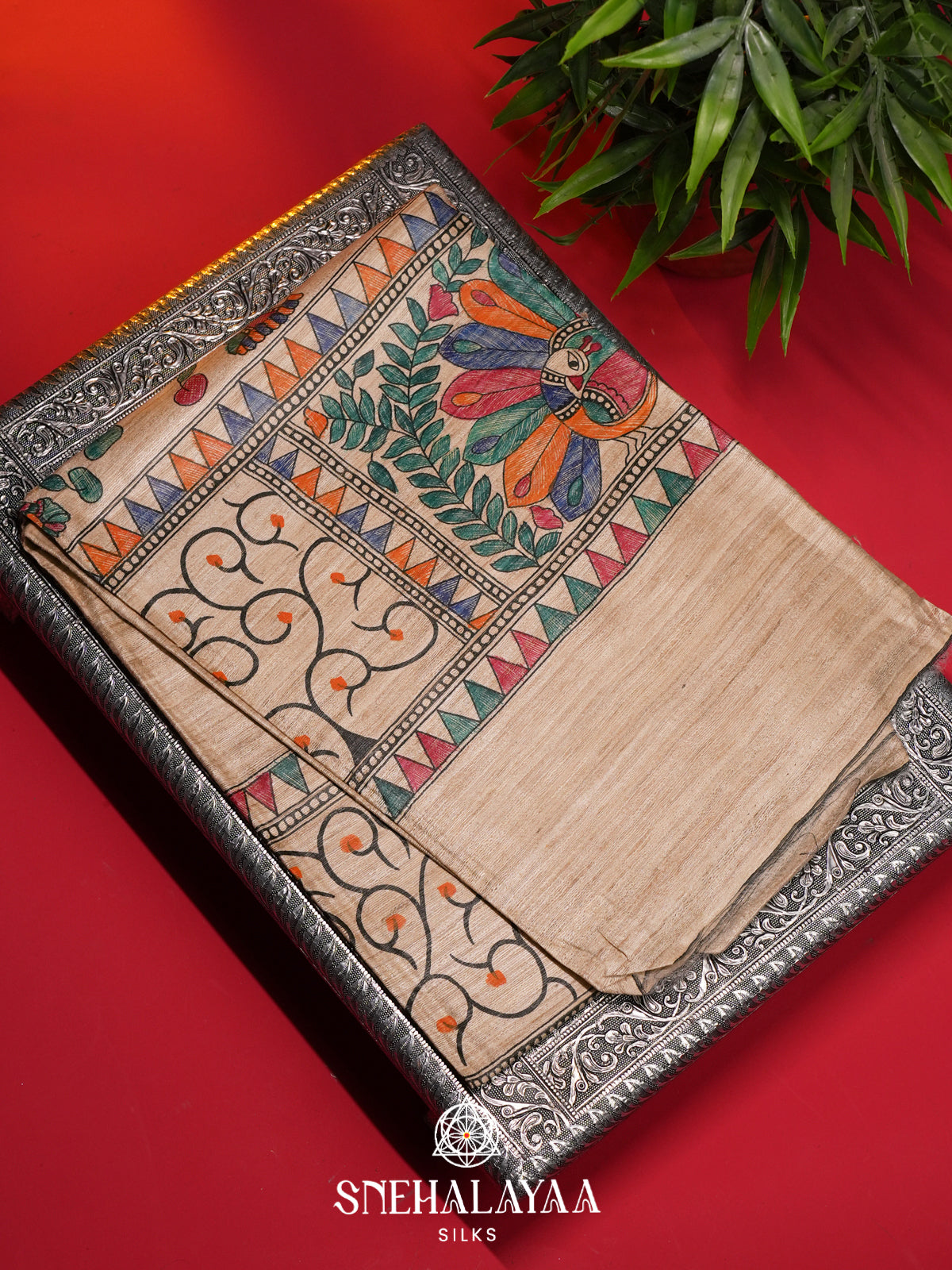 Beige Madhubani Tussar Saree