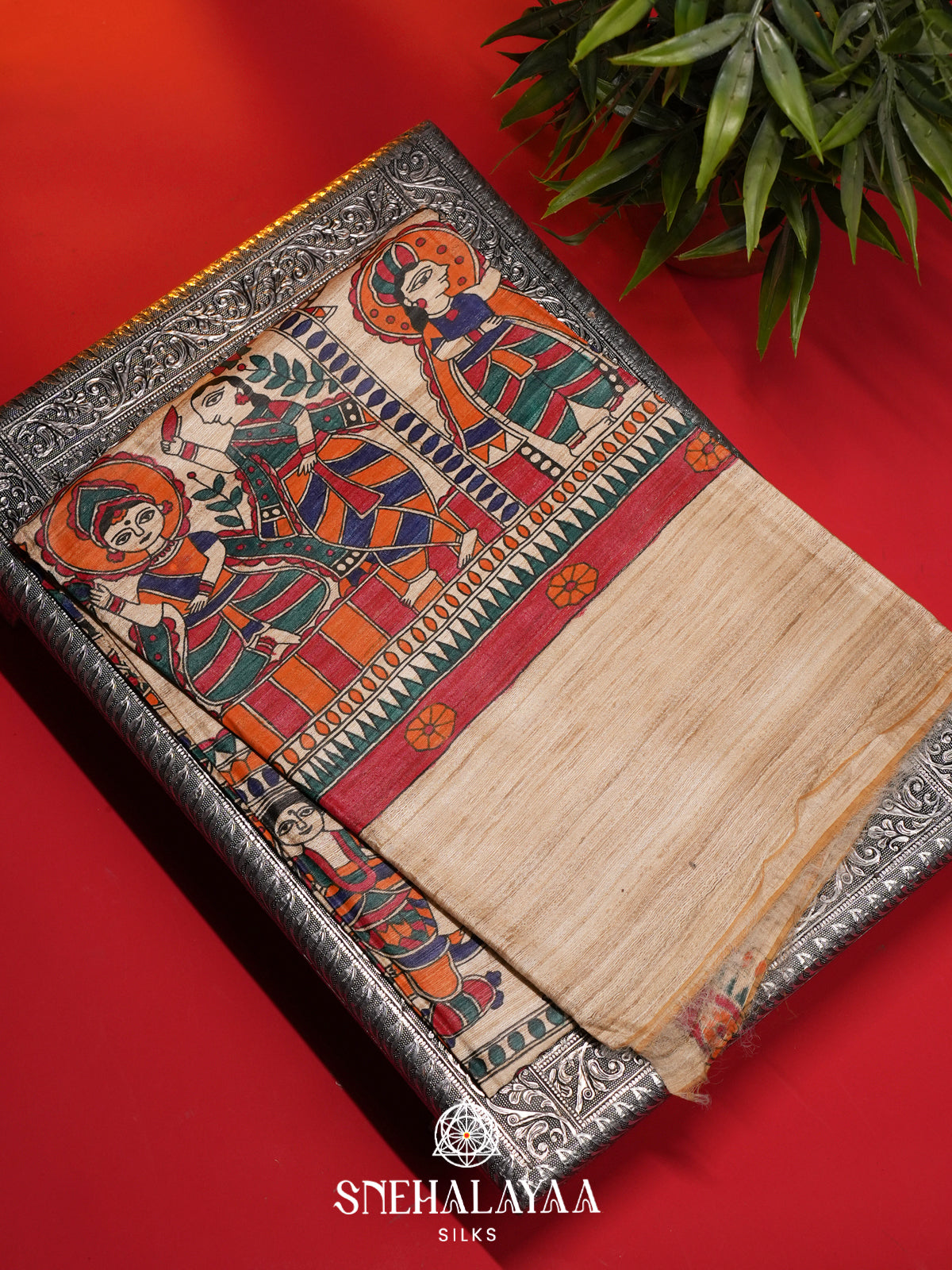 Beige Madhubani Tussar Saree