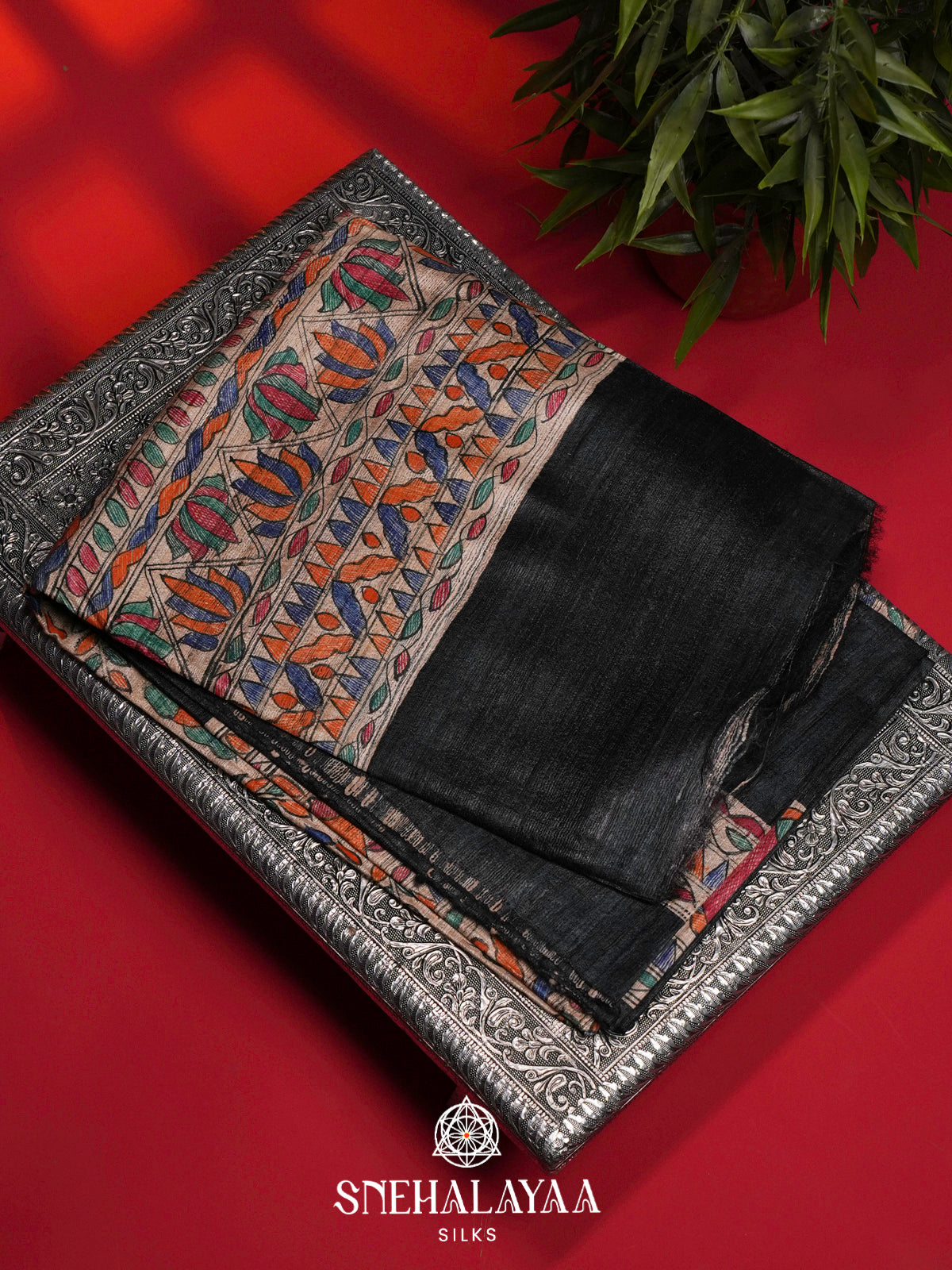 Black HandPrinted Madhubani Tussar Silk Saree