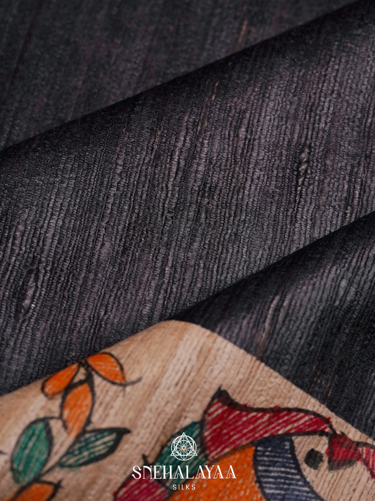 Black HandPrinted Madhubani Tussar Silk Saree