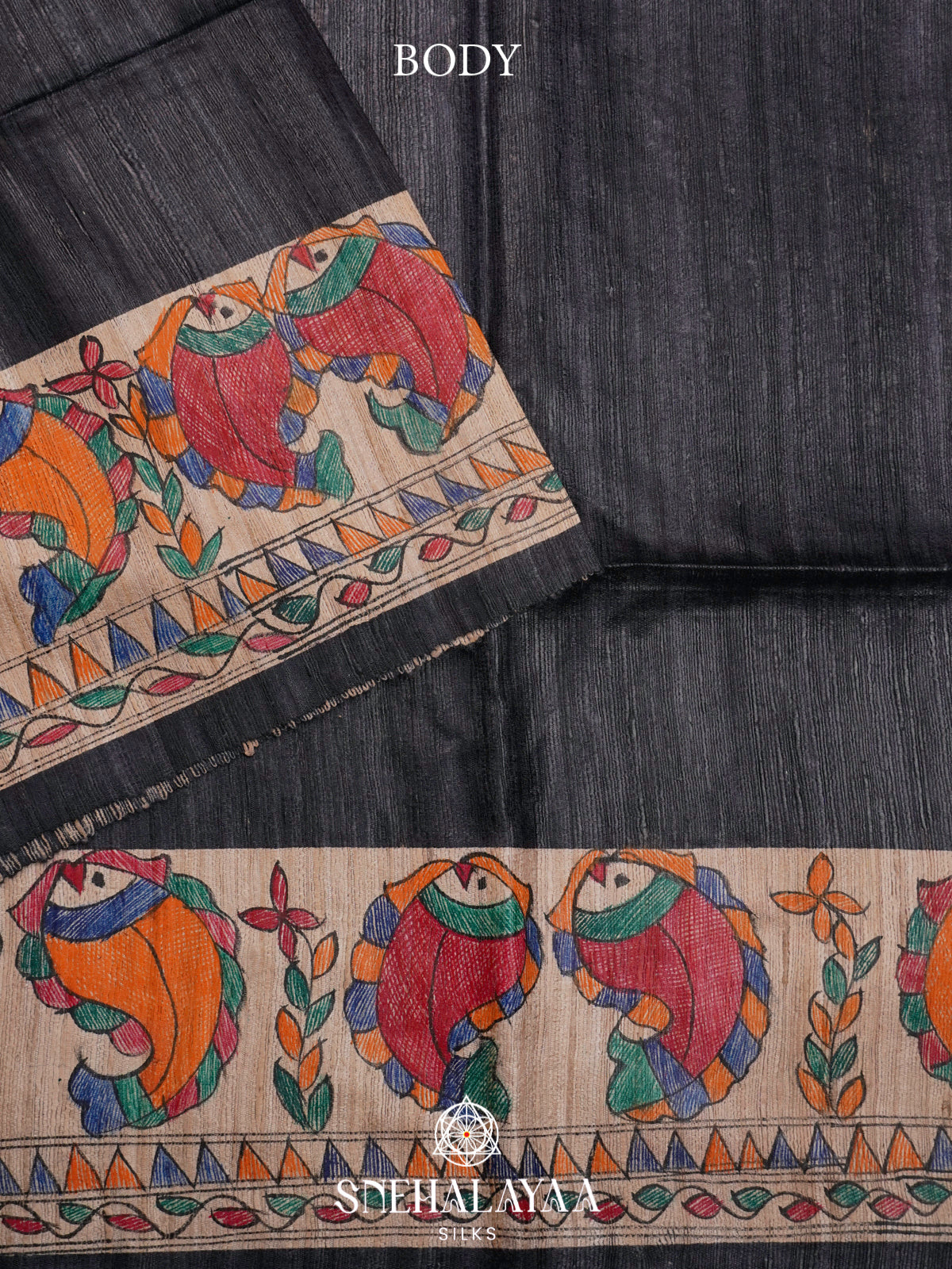 Black HandPrinted Madhubani Tussar Silk Saree
