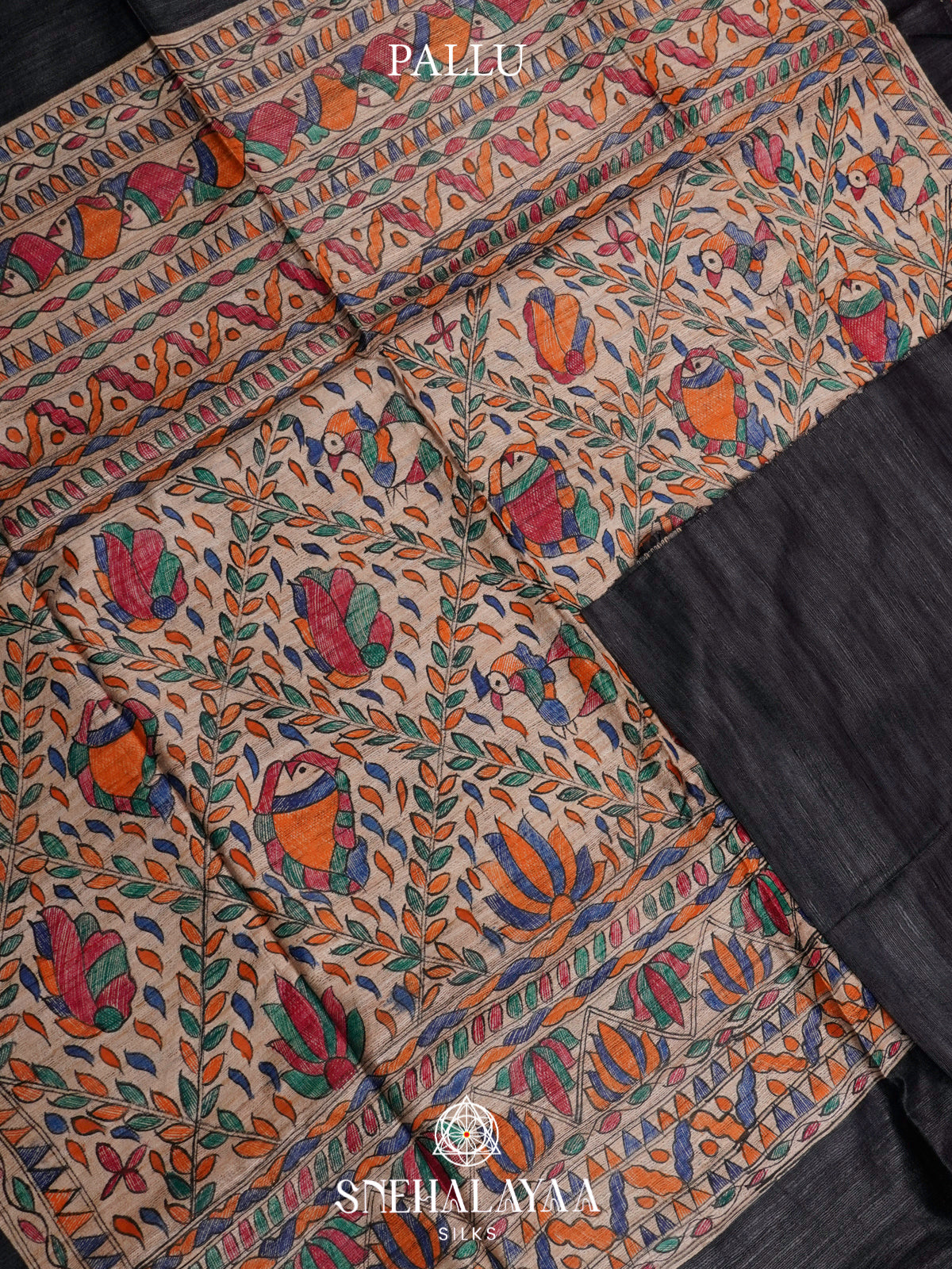 Black HandPrinted Madhubani Tussar Silk Saree