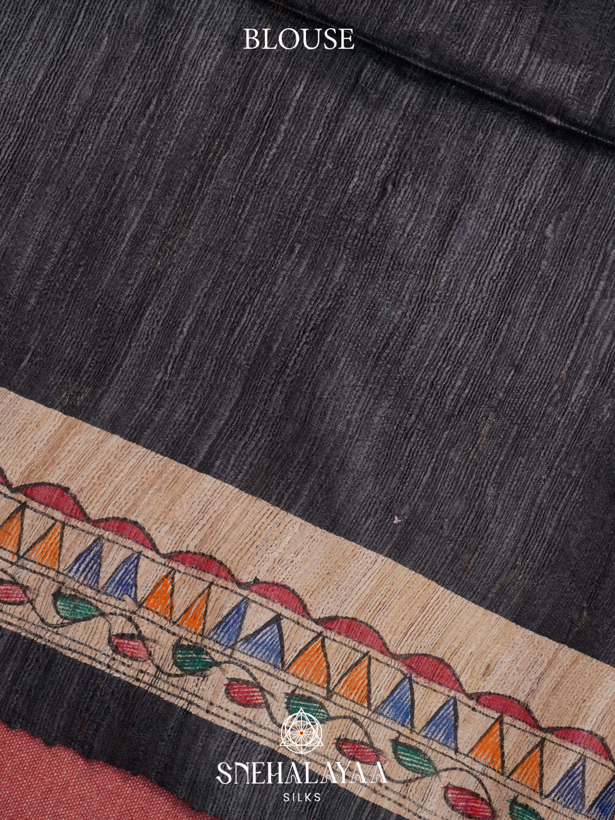 Black HandPrinted Madhubani Tussar Silk Saree