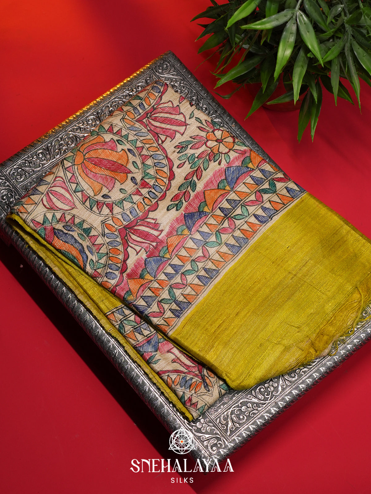 Lemon Yellow Madhubani Tussar Saree