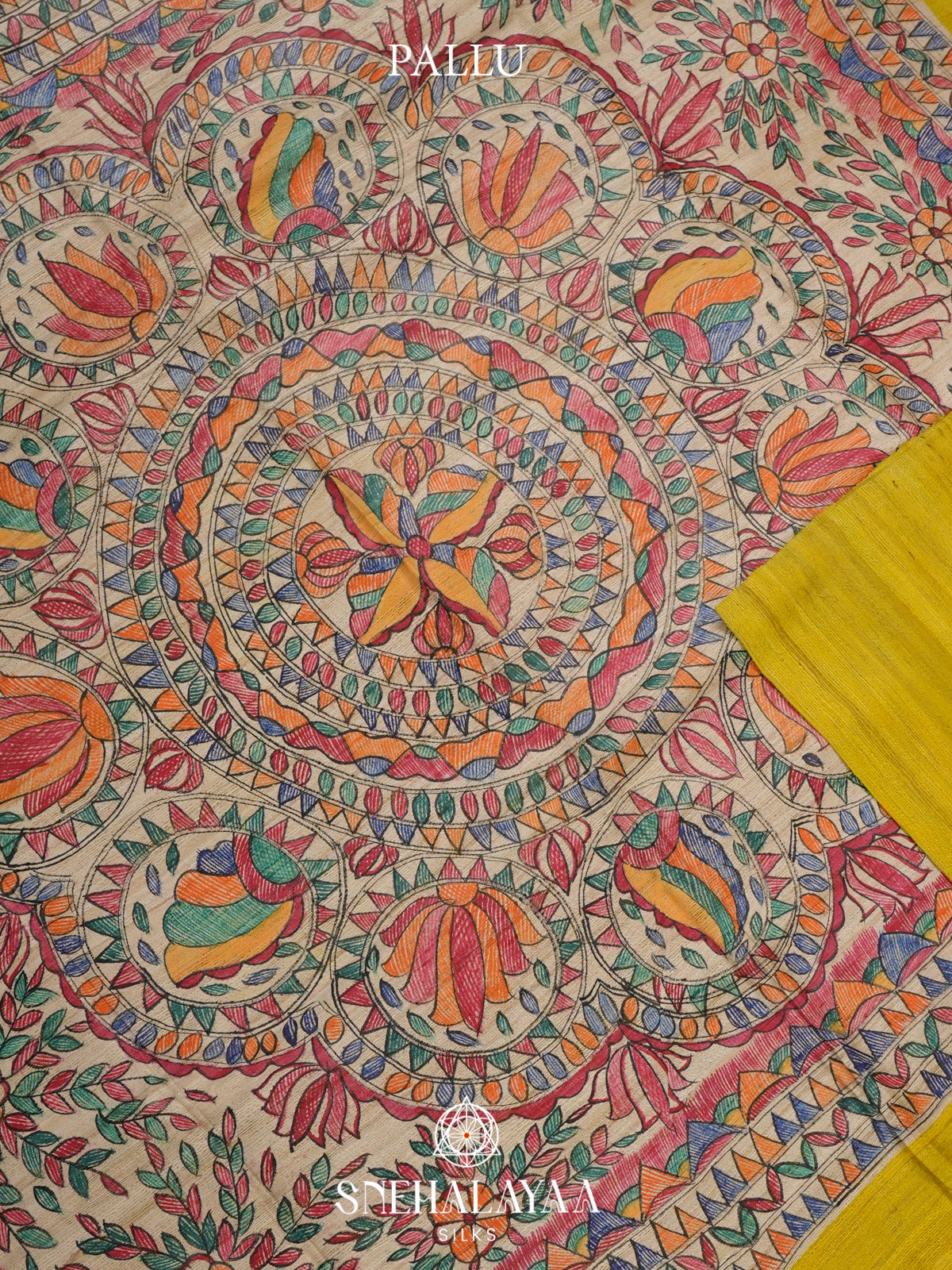 Lemon Yellow Madhubani Tussar Saree