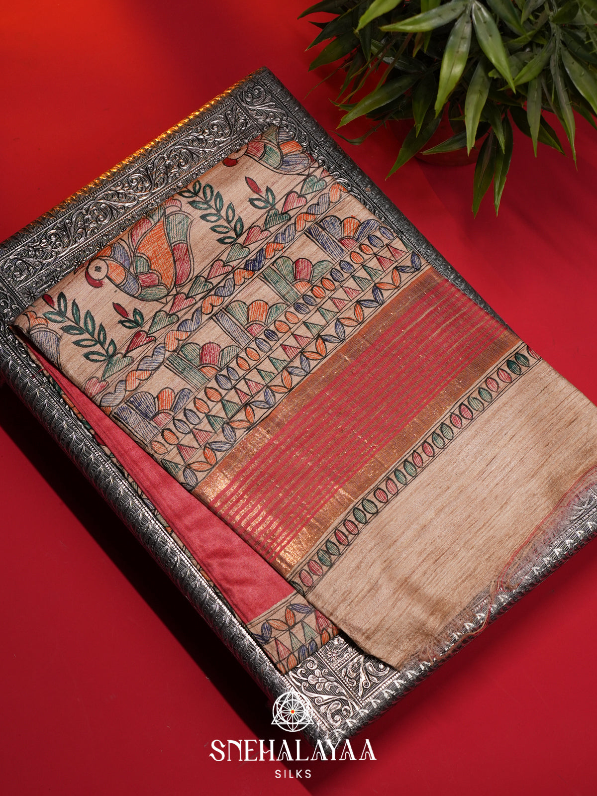 Peach Madhubani Tussar Saree