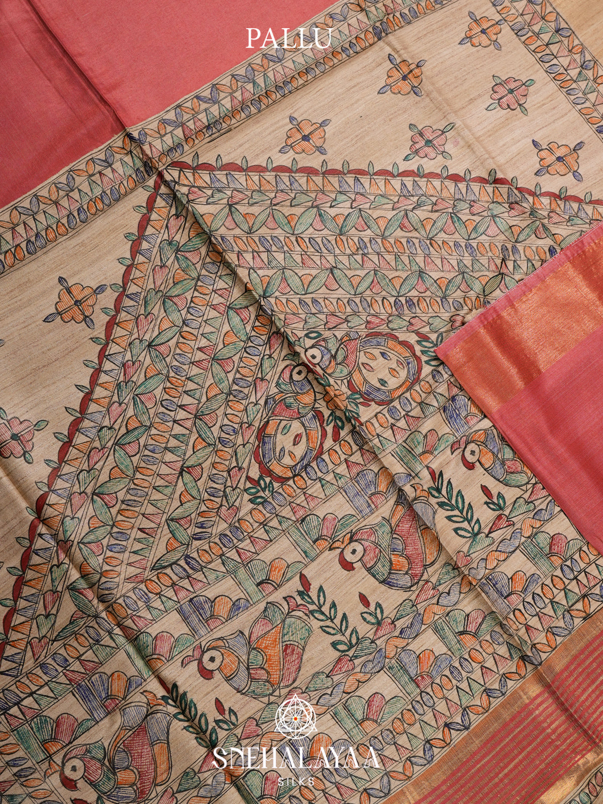 Peach Madhubani Tussar Saree