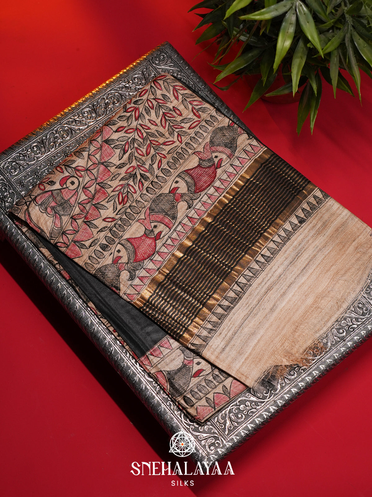 Charcol Black Madhubani Tussar Saree