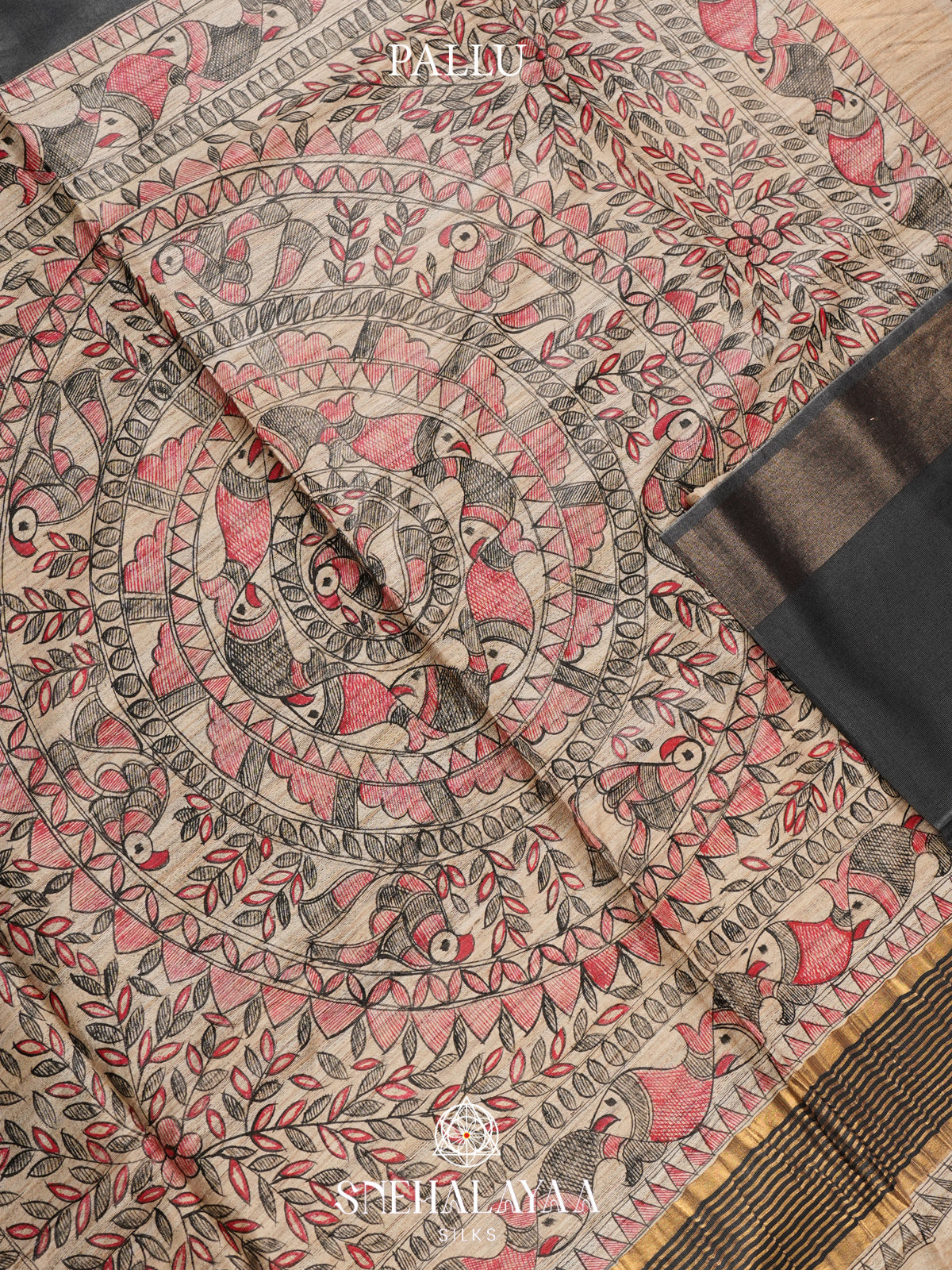 Charcol Black Madhubani Tussar Saree