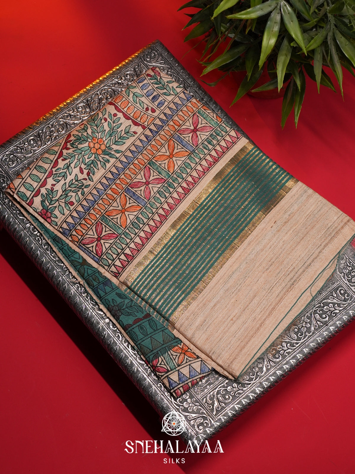 Teal Green Madhubani Tussar Saree