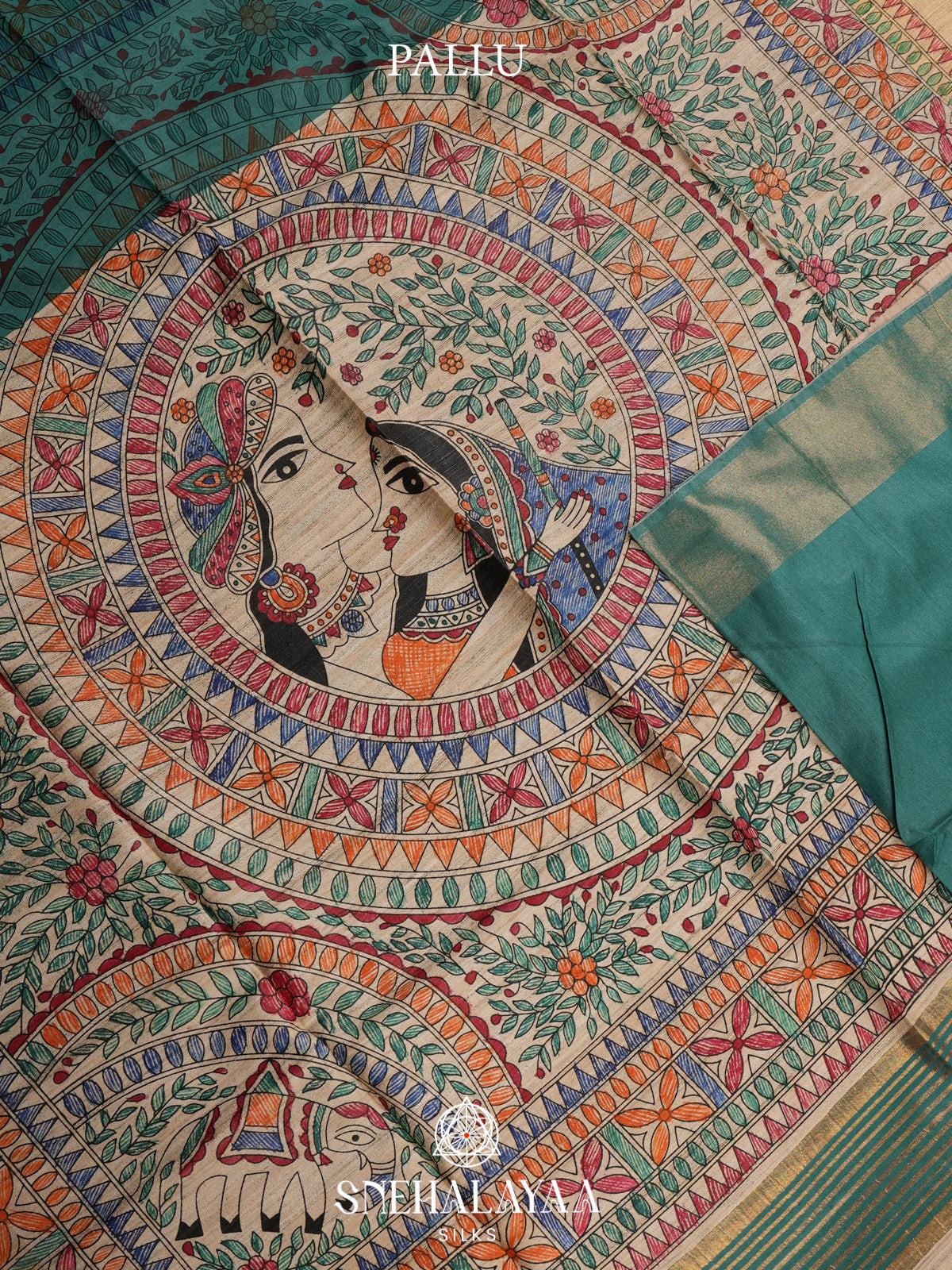Teal Green Madhubani Tussar Saree