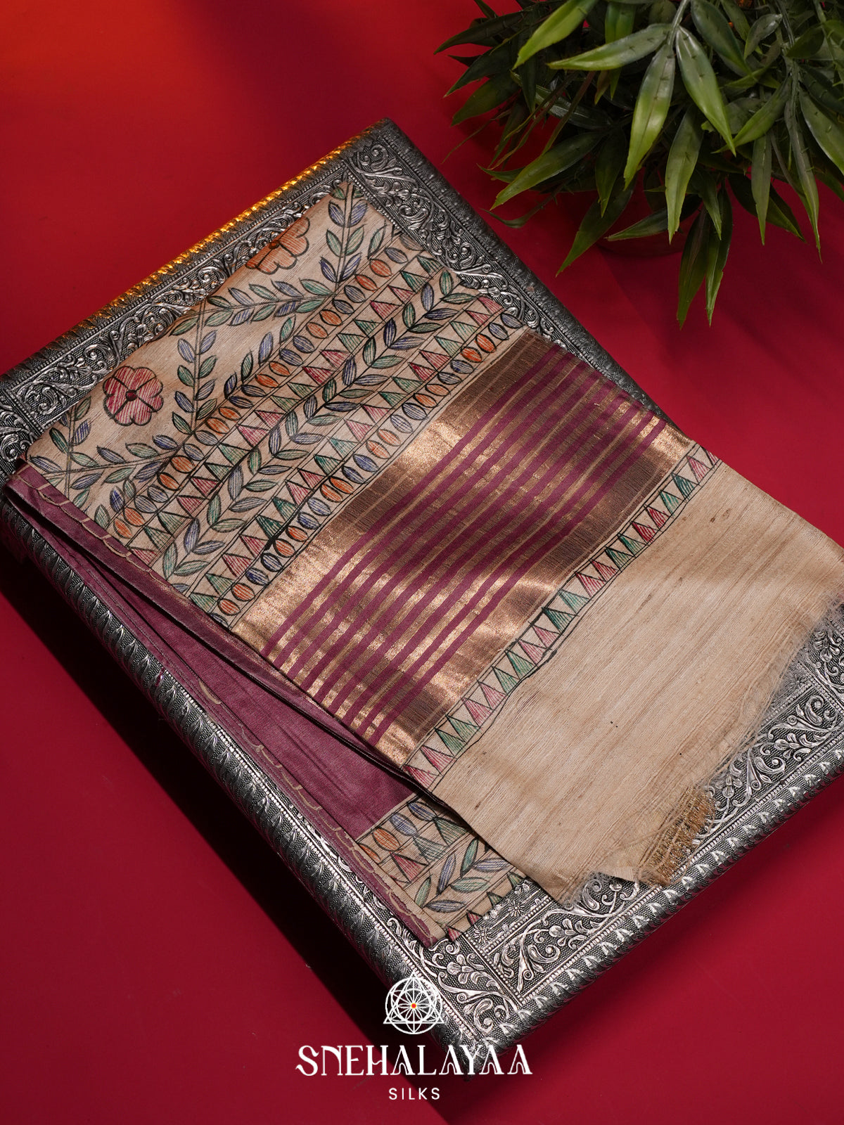 Mauve Pink Madhubani Tussar Saree
