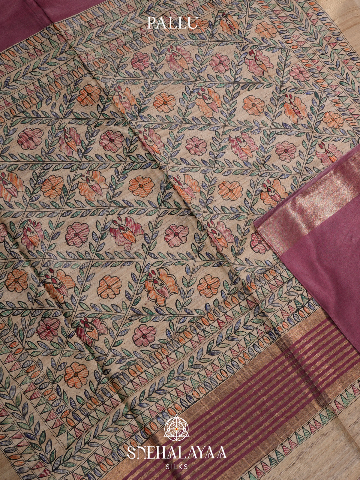 Mauve Pink Madhubani Tussar Saree