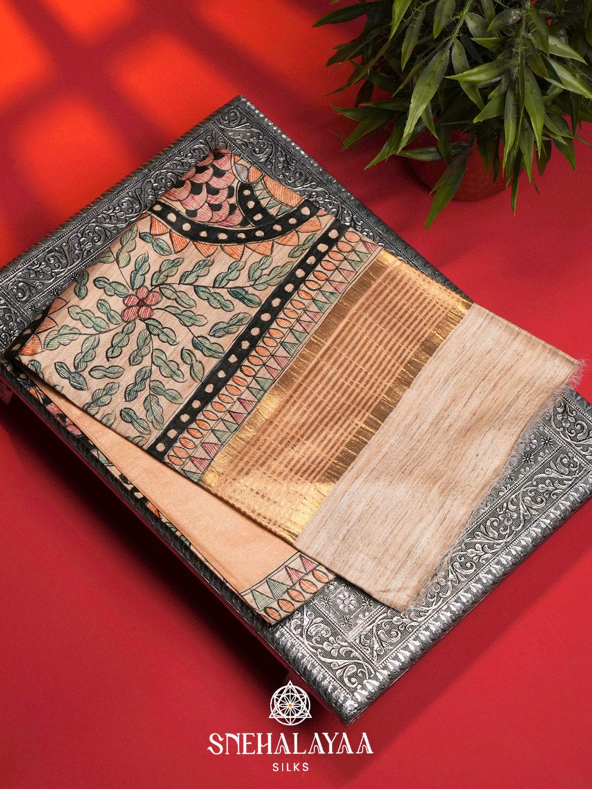 Beige HandPrinted Madhubani Tussar Silk Saree