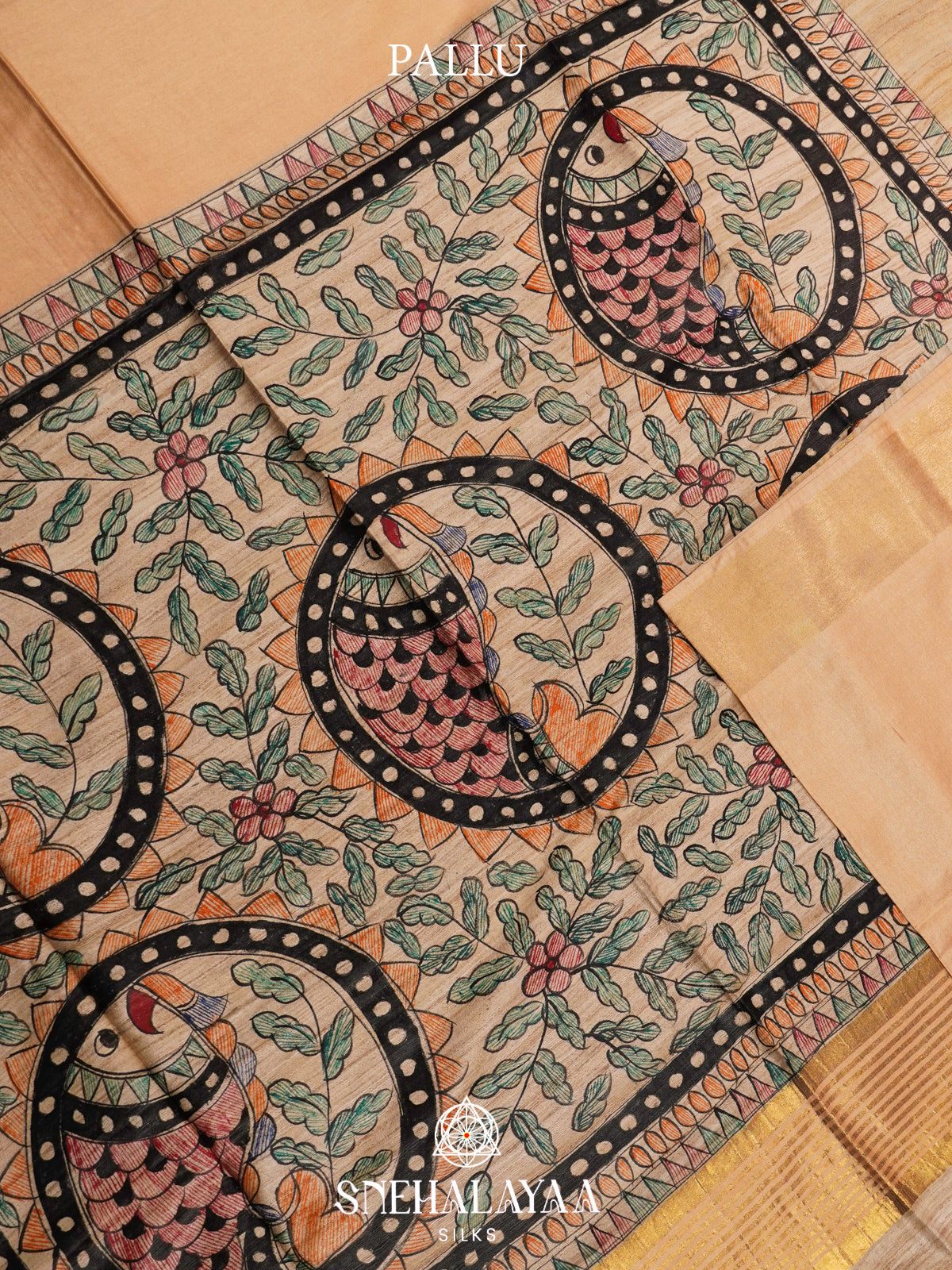 Beige HandPrinted Madhubani Tussar Silk Saree