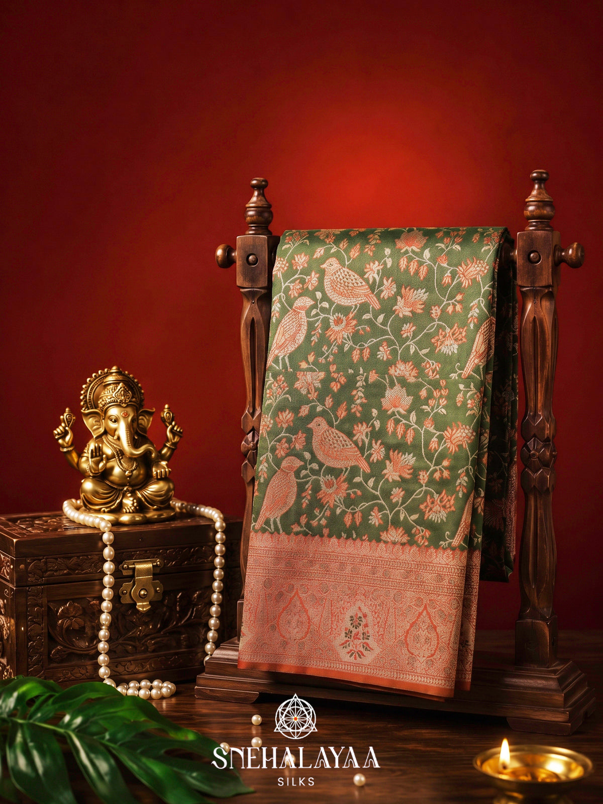 Olive Green Kanjivaram Silk Saree with Floral & Bird Woven Design