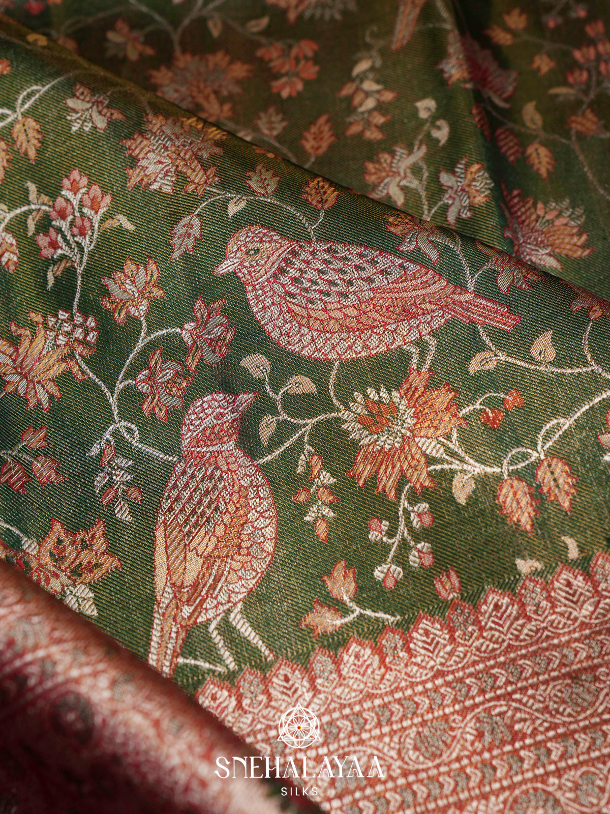 Olive Green Kanjivaram Silk Saree with Floral & Bird Woven Design