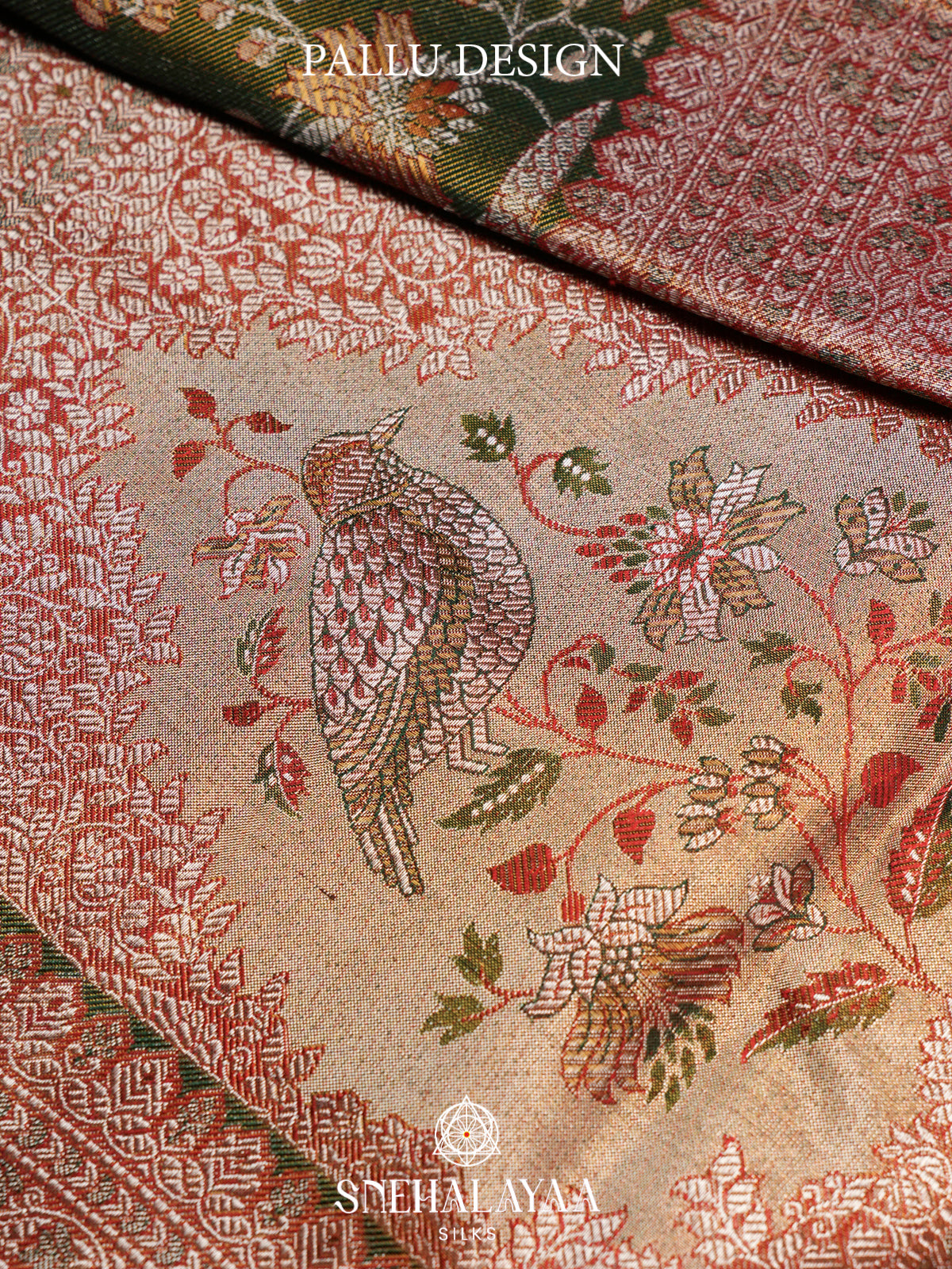 Olive Green Kanjivaram Silk Saree with Floral & Bird Woven Design