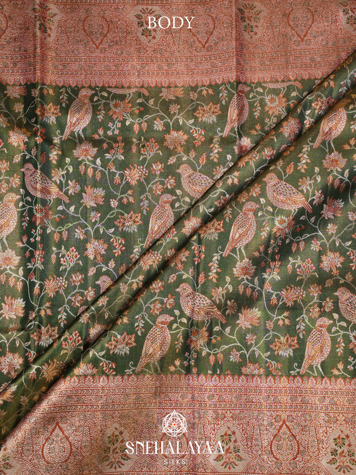 Olive Green Kanjivaram Silk Saree with Floral & Bird Woven Design