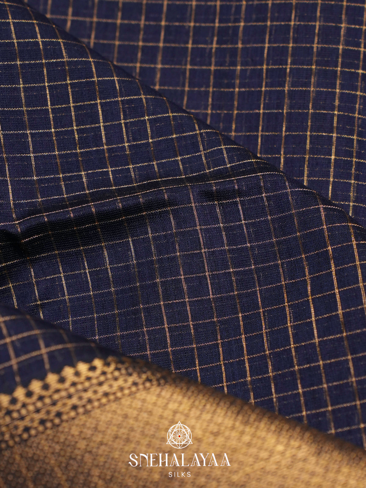 Navy Blue Checked Maheshwari Silk Cotton Saree