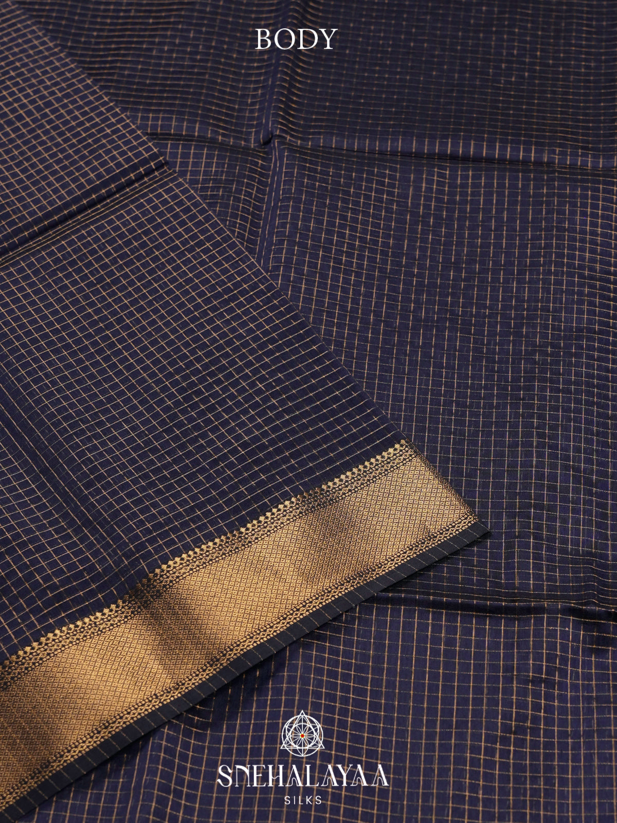Navy Blue Checked Maheshwari Silk Cotton Saree