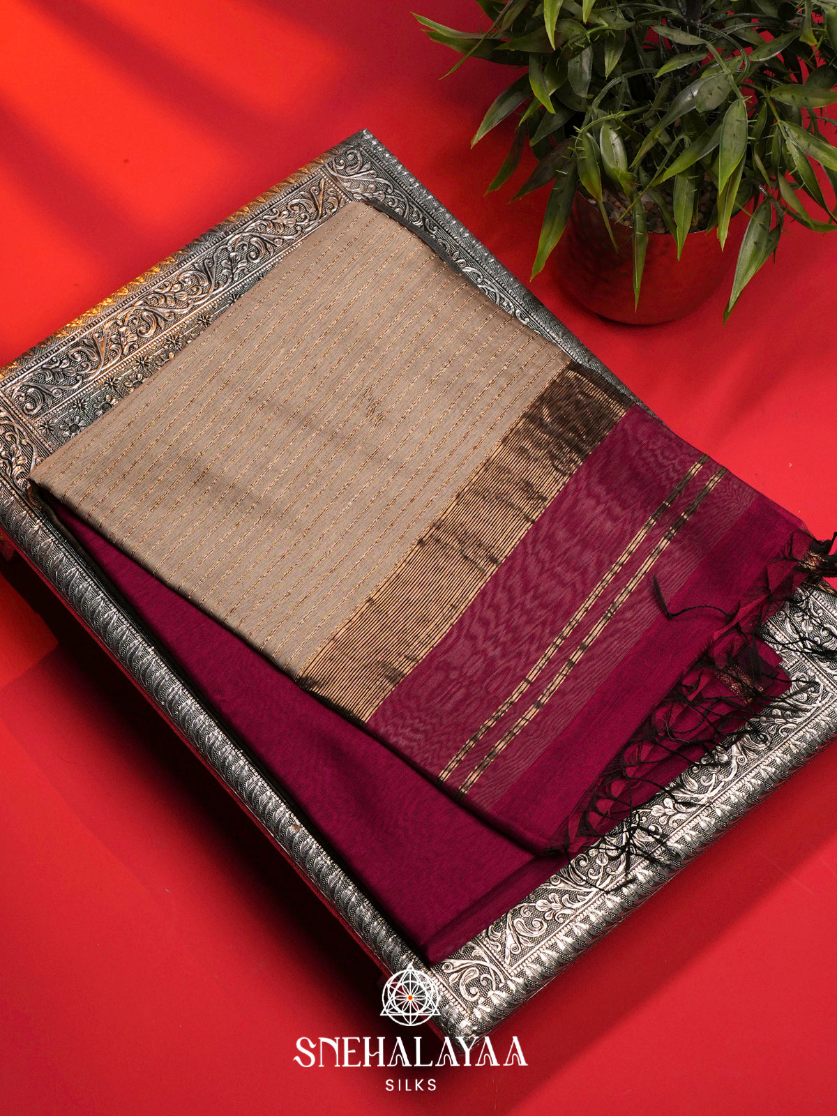 Burgundy Maheshwari Silk Cotton Saree
