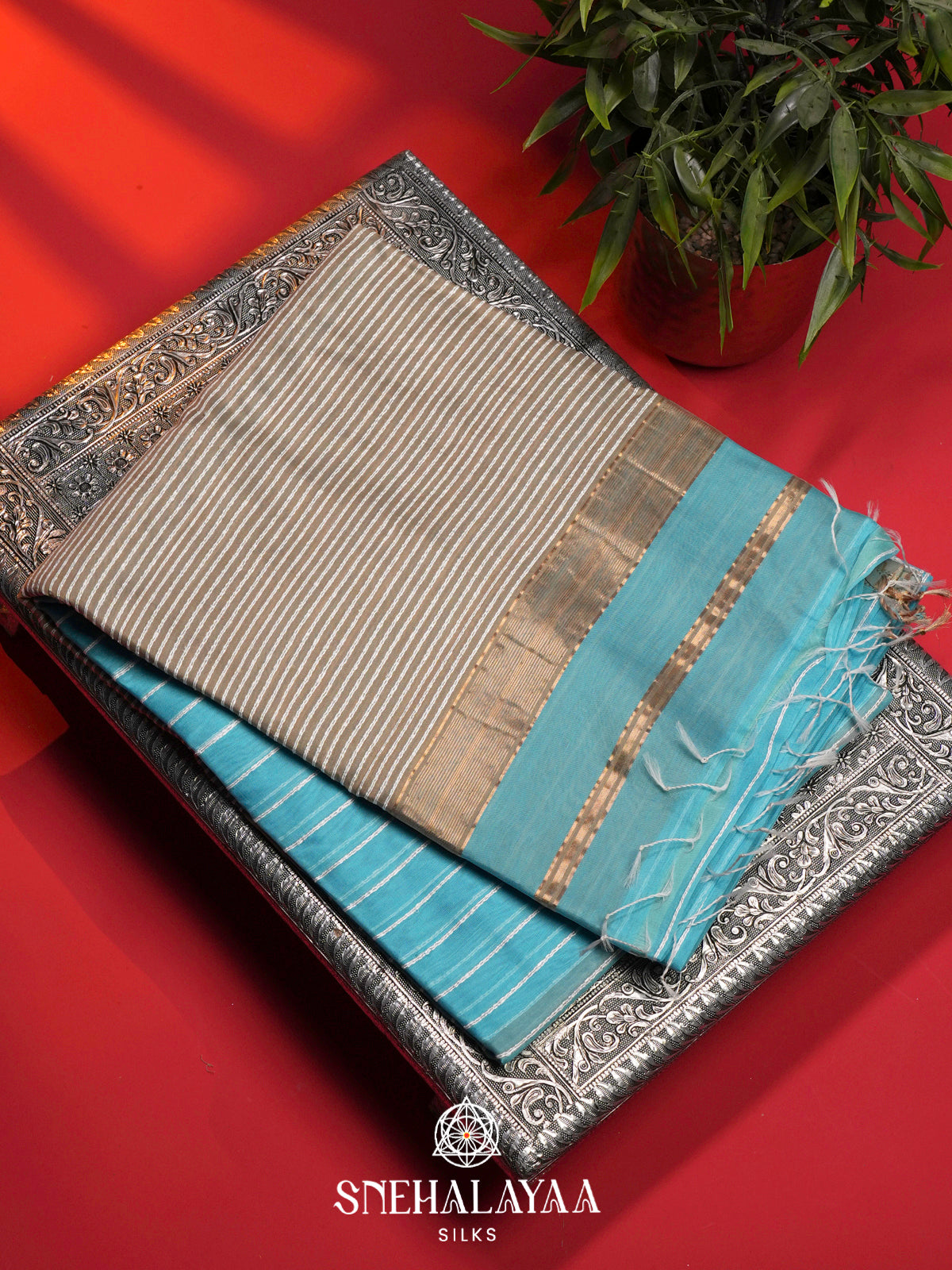 Sky Blue Striped Maheshwari Silk Cotton Saree