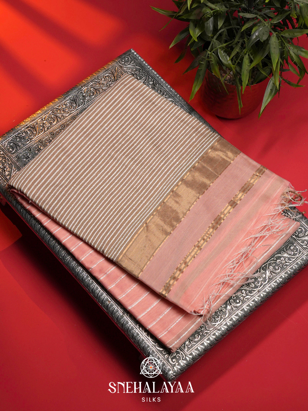 Peach Maheshwari Silk Cotton Saree