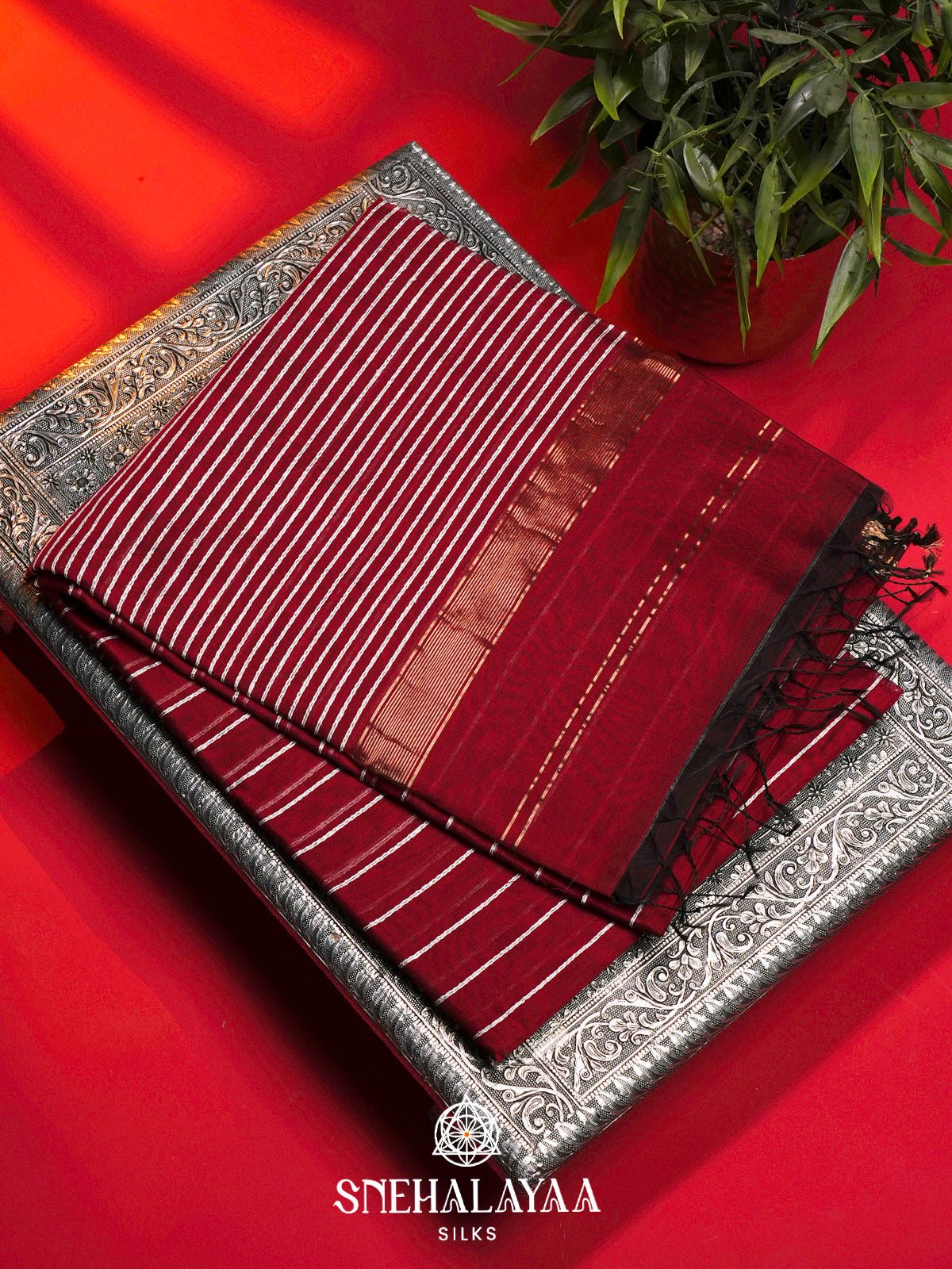 Maroon Striped Maheshwari Silk Cotton Saree