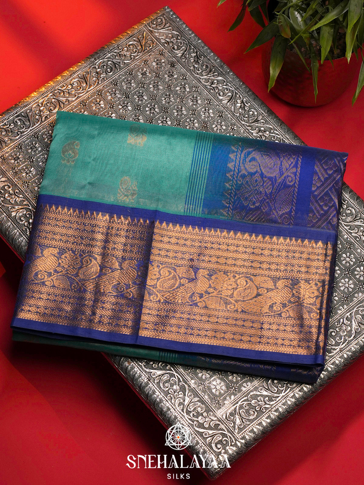 Teal Blue Kanchi Silk Cotton Saree