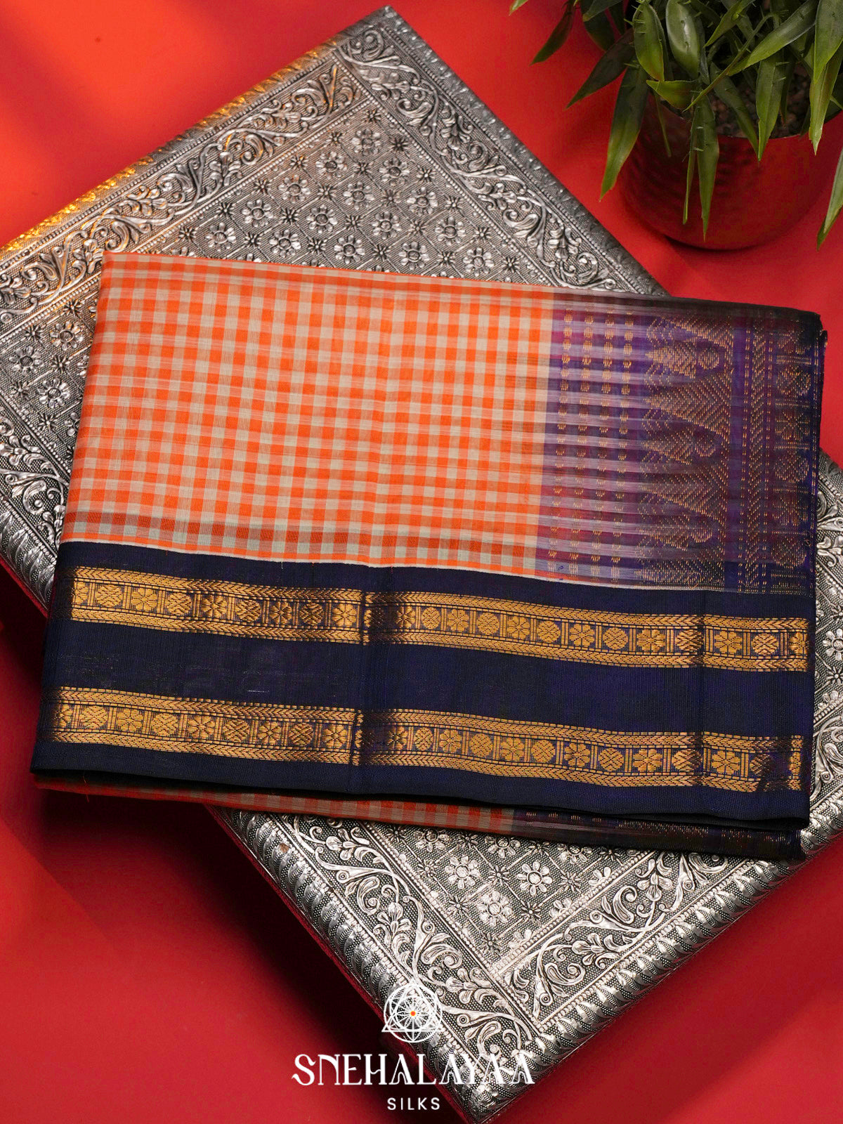 Orange Checks Kanchi Silk Cotton Saree