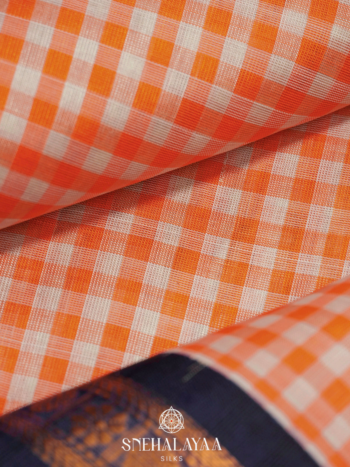 Orange Checks Kanchi Silk Cotton Saree