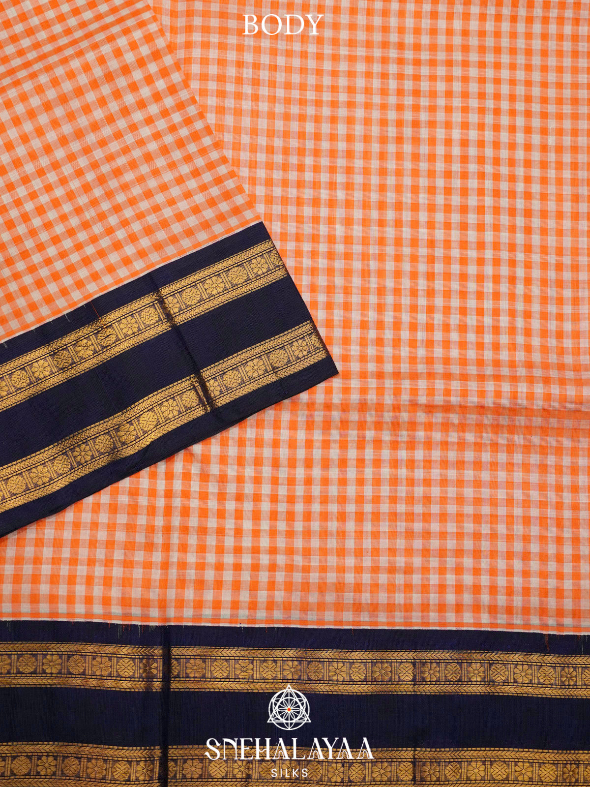 Orange Checks Kanchi Silk Cotton Saree