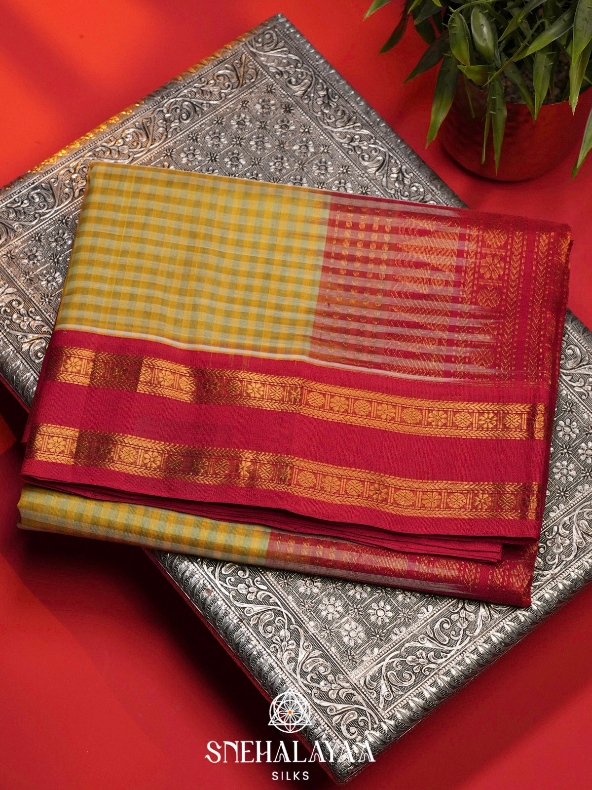 Yellow Checks Kanchi Silk Cotton Saree