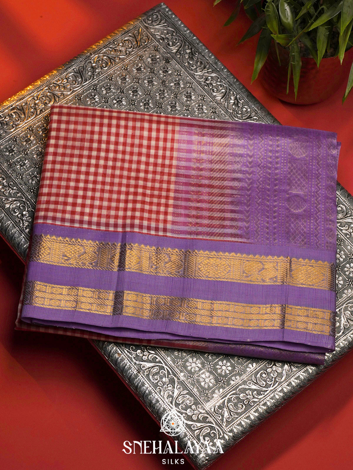 Red Checks Kanchi Silk Cotton Saree